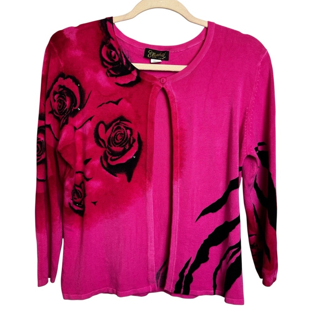 Elizabeth New York hot pink artsy rose floral cardigan size large old money chic